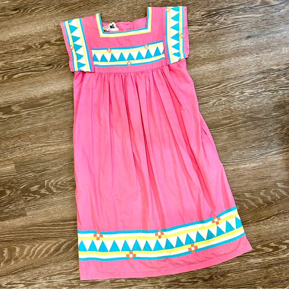 Vintage 70s Pink Quilted Detail Cotton Maxi House… - image 1